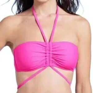 SHADE & SHORE PINK HALTER TIE STRAPPY DRAWSTRING BIKINI TOP SIZE MEDIUM NWT